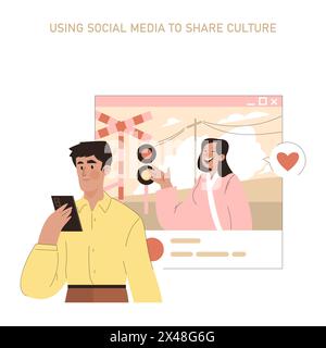 Konzept der gemeinsamen Kultur. Soziale Medien, die für den kulturellen Austausch mit verschiedenen Online-Interaktionen genutzt werden. Moderne Kommunikation, die die globale Verbindung veranschaulicht. Vektorabbildung. Stock Vektor