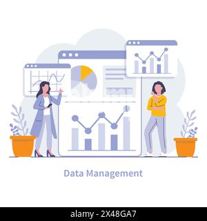 Data Management-Konzept. Analysten nutzen erweiterte Tools, um Erkenntnisse aus komplexen Datensätzen für fundierte Entscheidungen zu gewinnen. Vektorabbildung. Stock Vektor
