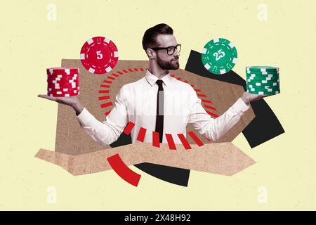 Zusammengesetzte Fotocollage von ernsthaften jungen Dealern Hold Stack Poker Chips gewinnen den Preis für das Glücksspiel auf gemaltem Hintergrund Stockfoto