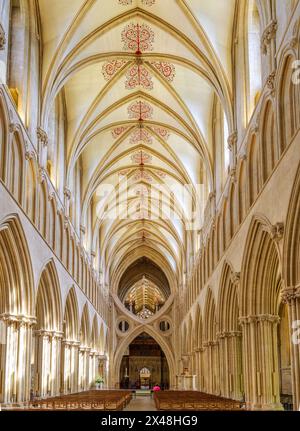 Das gotische Schiff der Wells Cathedral in Somerset blickt auf den Scherenbogen Stockfoto