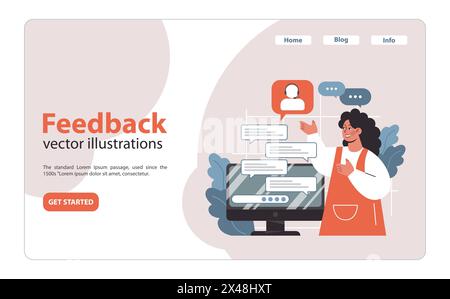 Feedback auf einer digitalen Plattform einbinden. Freudige Frau kommuniziert über Online-Chats, beantwortet Nutzeranfragen und verbreitet Positivität. Interaktive Sitzung, Antworten in Echtzeit. Stock Vektor