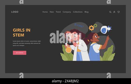 Mädchen im MINT-Konzept. Zwei begeisterte Mädchen erforschen die Wissenschaft, eines mit Lupenbeobachtung, das andere interagiert mit technischen Elementen. Leidenschaft fürs Lernen. Illustration des flachen Vektors Stock Vektor
