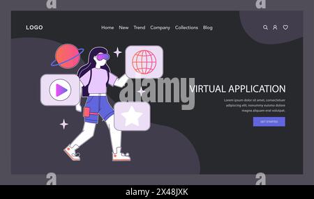 AR- und VR-Konzept. Ein Benutzer erkundet digitale Inhalte über die Virtual-Reality-Oberfläche in einem stilisierten Weblayout. Technologischer Fortschritt in der Benutzererfahrung. Vektorabbildung. Stock Vektor