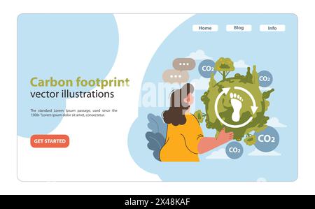Frau, die das Konzept des CO2-Fußabdrucks präsentiert, umgeben von CO2-Symbolen und grüner Natur. Betonung der Umweltverantwortung. Illustration des flachen Vektors. Stock Vektor