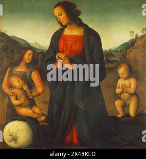 PERUGINO, Pietro (* 1450, Citta della Pieve, d. 1523, Perugia) Madonna, ein Engel und der kleine Johannes, der das Kind verehrt (Madonna del sacco) 1495-1500 Öl auf Holz, 88 x 66 cm Galleria Palatina (Palazzo Pitti), Florenz die Zuschreibung an Perugino geht auf den Ursprung des Bildes in den Medicean Inventars zurück. Die moderne Kritik überträgt sie jedoch zum Teil der Schule, und in der Tat gibt es in Bezug auf andere Werke dieses Meisters eine eindeutige Schwäche in mehrfacher Hinsicht. Es ist jedoch schwierig, sie vollständig aus der Liste der Werke Peruginos zu löschen, wenn auch nur für die Kompositionen Stockfoto