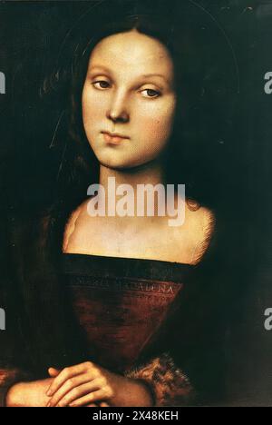 PERUGINO, Pietro (* 1450, Citta della Pieve, d. 1523, Perugia) Magdalen 1500 Öl auf Platte, 47 x 34 cm Galleria Palatina (Palazzo Pitti), Florenz früher Leonardo zugeschrieben, der Name Perugino wird jedoch jetzt einstimmig akzeptiert. Es ist ein Gemälde von großer Schönheit, das mit seiner fein abgestuften, empfindlichen Farbe, tiefem Ton und warmem Braun sowohl in Konzeption als auch Ausführung besonders glücklich ist. Es kommt ganz in der Nähe von Raphael. --- Schlüsselwörter: ----------------- Autor: PERUGINO, Pietro Titel: Magdalen Zeitlinie: 1451-1500 Schule: Italienisch Form: Malerei Typ: Religiou Stockfoto