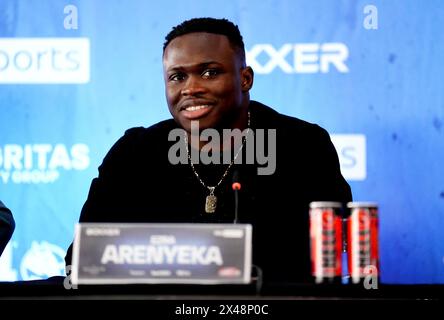 Ezra Arenyeka während einer Pressekonferenz im Ballroom 1901 im Andaz London. Bilddatum: Mittwoch, 1. Mai 2024. Stockfoto