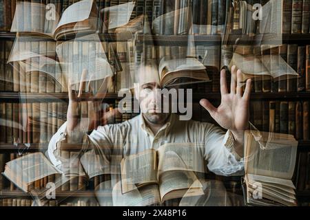 Ein Mann in der Bibliothek zeigt seine Palmen und viele Bücher Stockfoto