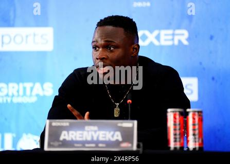 Ezra Arenyeka während einer Pressekonferenz im Ballroom 1901 im Andaz London. Bilddatum: Mittwoch, 1. Mai 2024. Stockfoto