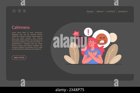 Webbanner oder Landing-Page im Nachtmodus oder im Dunkelmodus. Ruhiger Mensch, der Gleichgewicht findet. Geistige Stärke, psychologische Selbstkontrolle. Starke Entschlossenheit zum Ziel. Illustration des flachen Vektors Stock Vektor