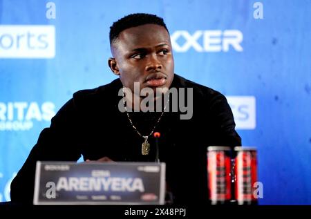 Ezra Arenyeka während einer Pressekonferenz im Ballroom 1901 im Andaz London. Bilddatum: Mittwoch, 1. Mai 2024. Stockfoto