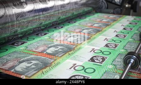 Geld drucken australische Dollar-AUD-Scheine auf einer Druckmaschine in Typografie. Finanz-, Steuer-, Börsen- und Investitionskonzept. 3D illu Stockfoto