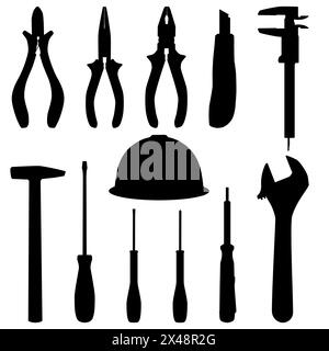 Handarbeitsgeräte, Vektor-isolierte Illustration. Drahtschneider, Zange, verstellbarer Schraubenschlüssel, Schraubendreher, Schneidmesser, Messschieber, Hammer und Helm Stock Vektor