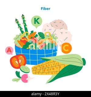 Gesundes Snack-Konzept. Eine bunte Auswahl an nahrhaften Lebensmitteln, die reich an Vitaminen A, C, K und Ballaststoffen sind. Frische Produkte fördern eine ausgewogene Ernährung. Vektorabbildung. Stock Vektor