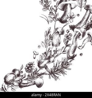 Essbare Waldpilze, Boletus, Pfifferlinge mit Heidelbeeren und Preiselbeeren, Blätter, Tanne und Zapfen. Grafische Abbildung, handgezeichnet mit Braun Stock Vektor