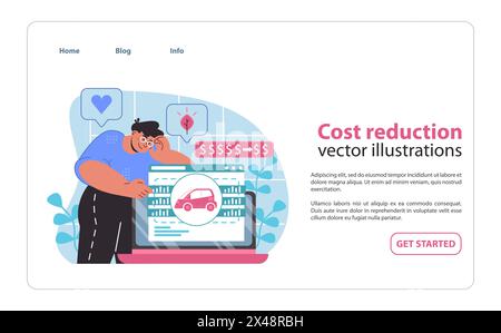 Finanziell versiert im Besitz von Elektroautos. Eine neue Version der Kostenreduzierung bei umweltfreundlicher Nutzung von Fahrzeugen. Maximierung des Werts, Minimierung der Ausgaben. Illustration des flachen Vektors. Stock Vektor