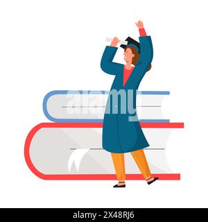 Glücklicher Student im Kleid und Graduierungsmütze, der Diplom in der Nähe eines riesigen Stapels von Büchern und Lehrbüchern hält Vektorillustration Stock Vektor