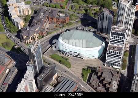 Luftaufnahme der First Direct Arena (oder Leeds Arena), Leeds, West Yorkshire, Großbritannien Stockfoto