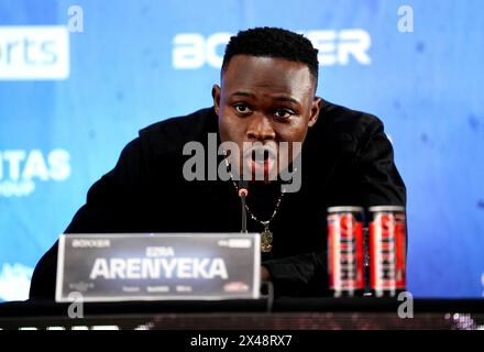 Ezra Arenyeka während einer Pressekonferenz im Ballroom 1901 im Andaz London. Bilddatum: Mittwoch, 1. Mai 2024. Stockfoto