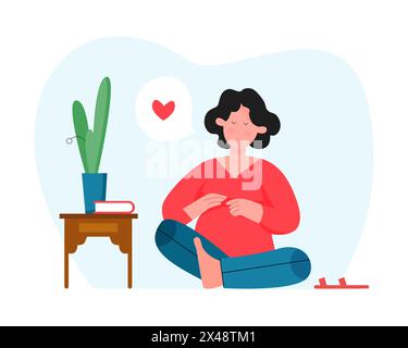 Junge schwangere Frau sitzend in Yoga Lotus Pose, Meditation für Liebe und Harmonie Vektor Illustration Stock Vektor