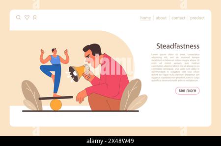 Webbanner oder Landing-Page von Patience. Ruhiger Mensch, der Gleichgewicht findet. Geistige oder emotionale Stärke, psychologische Selbstkontrolle. Starke Entschlossenheit zum Ziel. Illustration des flachen Vektors Stock Vektor