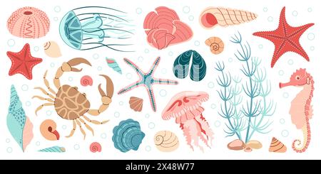 Handgezeichnetes Set aus SEA LIFE-Elementen. Wassertiere, Anemonen, Krabben, Quallen, Algen, Muscheln, Seesterne, Seepferd. Trendiges flaches Doodle Set Unterwasser Ökosystem. Vektorabbildung Stock Vektor