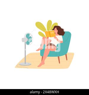 Junge Frau, die im Heim-Sessel in der Nähe eines elektrischen Ventilators sitzt, um Buchvektorillustration zu lesen Stock Vektor