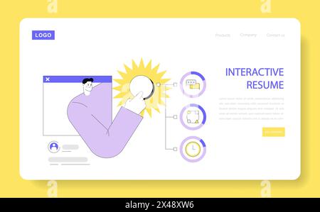 Interaktives Lebenslauf-Konzept. Eine Illustration, die einen ansprechenden Lebenslauf mit einer Person zeigt, die die Schlüsselfähigkeiten analysiert. Karrierefortschritt durch digitale Profile. Vektorabbildung. Stock Vektor