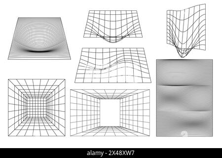 Legen Sie lineares weißes geometrisches weißes geometrisches quadratisches rechteckiges Feld fest, Plateaurahmen Formen y2k, 3d. Vektor für Poster Stock Vektor