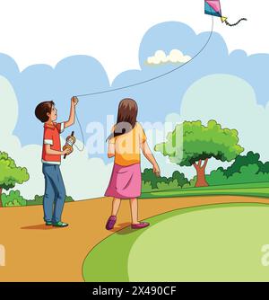 Junge und Mädchen fliegen Drachen Stock Vektor