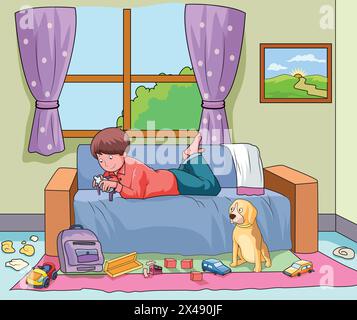 Süßer Junge, der mit seinem Hund in seinem Wohnzimmer genießt Stock Vektor