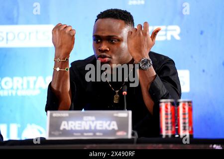 Ezra Arenyeka während einer Pressekonferenz im Ballroom 1901 im Andaz London. Bilddatum: Mittwoch, 1. Mai 2024. Stockfoto