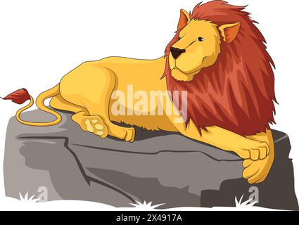 Wilder Löwe sitzt auf einem Felsen und schaut zur Seite Stock Vektor
