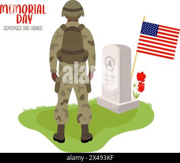 Memorial Day. Der Soldat steht vor dem Grab mit einem Grabstein mit amerikanischer Flagge und roten Mohnblumen. Veteranenfriedhof. Vektorillustratio Stock Vektor