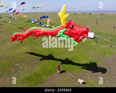 Dornumersiel, Deutschland. Mai 2024. Ein Mann und sein Hund stehen unter einem großen roten Drachen (Luftschuss mit einer Drohne). Quelle: Izabela Mittwollen/dpa/Alamy Live News Stockfoto