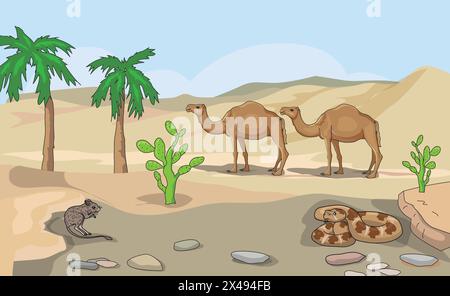 Ein Wüstenfeld mit Palmen, Kakteen, Schlangen, Eichhörnchen und zwei Kamelen Stock Vektor