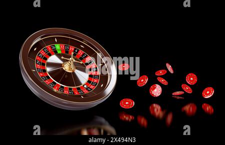 Drehendes Casino-Roulette-Rad mit fliegenden Chips 3D-Rendering Stockfoto