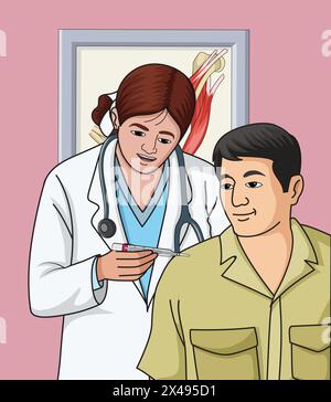 Abbildung: Arzt injiziert eine Spritze auf die Schulter eines Patienten Stock Vektor