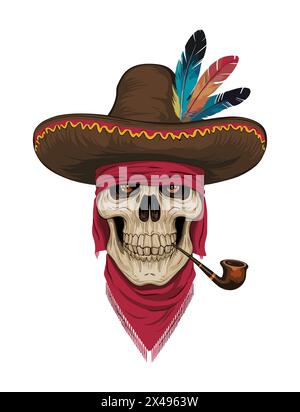 Schädel mit Sombrero, Bandana mit Pfeife im Mund Stock Vektor
