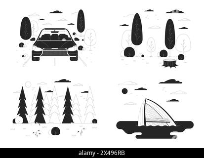 Reise zur Natur Unfälle Schwarz-weiß Zeichentrick flache Illustration Set Stock Vektor