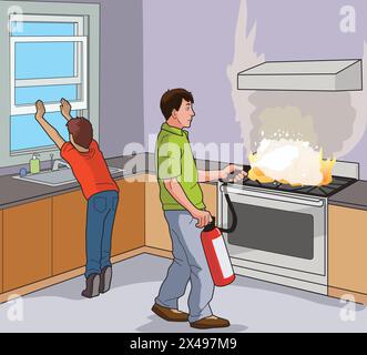 Ein Mann versucht, das Feuer zu kontrollieren, indem er einen Feuerlöscher benutzt, und ein Junge, der die Fensterscheibe öffnet Stock Vektor