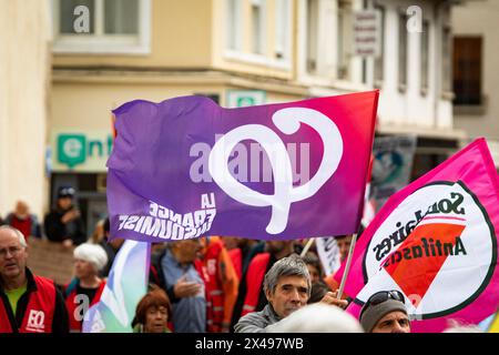 Gap, Frankreich. Mai 2024. Ein Demonstrant hält die französische Insoumise-Flagge, Frankreich, Hautes-Alpes, Gap, 1. Mai, 2024. der 1. Mai ist der internationale Tag des Arbeiterkampfes. Bei dieser Gelegenheit haben die gewerkschaften, die CGT, die CFDT, die FSU, Solidaires, CFE-CGC und Unsa demonstrierten in den Straßen von Gap. Foto: Thibaut Durand/ABACAPRESS.COM. Quelle: Abaca Press/Alamy Live News Stockfoto