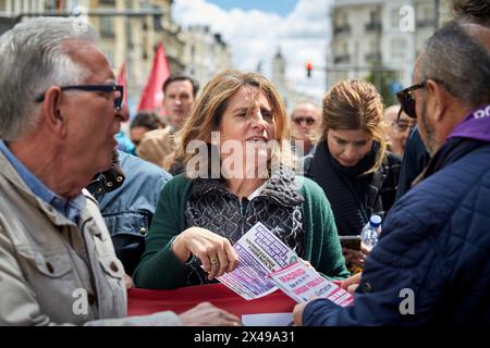 Madrid, Madrid, Spanien. Mai 2024. Demonstration anlässlich des Arbeitstages in Madrid unter Beteiligung mehrerer Minister, der Gewerkschaften CCOO (Comisiones Obreras) und der Gewerkschaften UGT (UniÃ³n General de Trabajadores) sowie Tausender von Menschen. Das Manifest dieses 1. Mai lautete: "Für Vollbeschäftigung: Arbeitszeitverkürzung, bessere Gehälter". TERESA RIBERA RODRIGUEZ. Dritter Vizepräsident der spanischen Regierung und Minister für ökologischen Wandel und demografische Herausforderung (Kreditbild: © Victoria Herranz/ZUMA Press Wire) NUR REDAKTIONELLE VERWENDUNG! Nicht für kommerzielle ZWECKE! Stockfoto