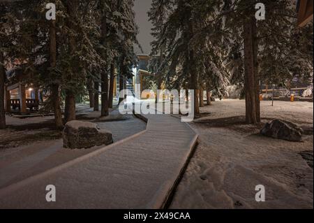 Nächtlicher Blick auf einen schneebedeckten Holzsteg durch den Friendship Park in Canmore, Alberta, Kanada Stockfoto