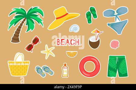 Ein Set von Aufklebern zum Thema Strand und Meer. Vektorabbildung. Stock Vektor