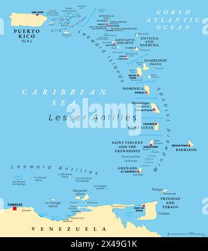 Östliche karibische Inseln, politische Karte. Puerto Rico, Jungferninseln, Leeward- und Windward-Inseln und ein Teil der Leeward-Antillen. Stockfoto