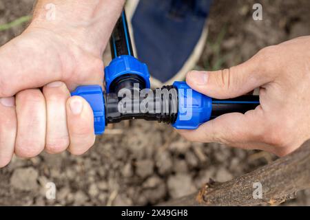 Ein Mann installiert ein automatisches Tropfbewässerungssystem für seinen Garten. Befestigen und Verbinden von Rohren mit einem Fitting. Stockfoto