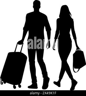 Silhouette eines Mannes und einer Frau, die mit Reisekoffer und Tasche laufen. Vektorabbildung Stock Vektor