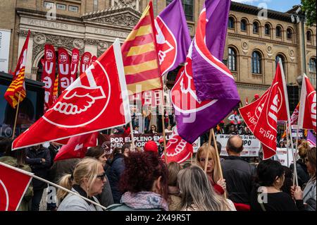 Demonstration der Gewerkschaften UGT und CCOO am 1. Mai, Arbeitstag, Saragossa, Spanien Stockfoto