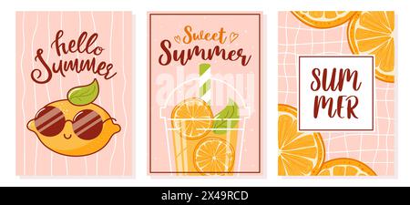 Hallo Sommer. Set von Postkarten, Banner zum Verkauf. Coole Zitronen in Sonnenbrille, eine niedliche Retro-Zeichentrickfigur. Orange frisch. Groovig, Vintage. Trendig alt Stock Vektor